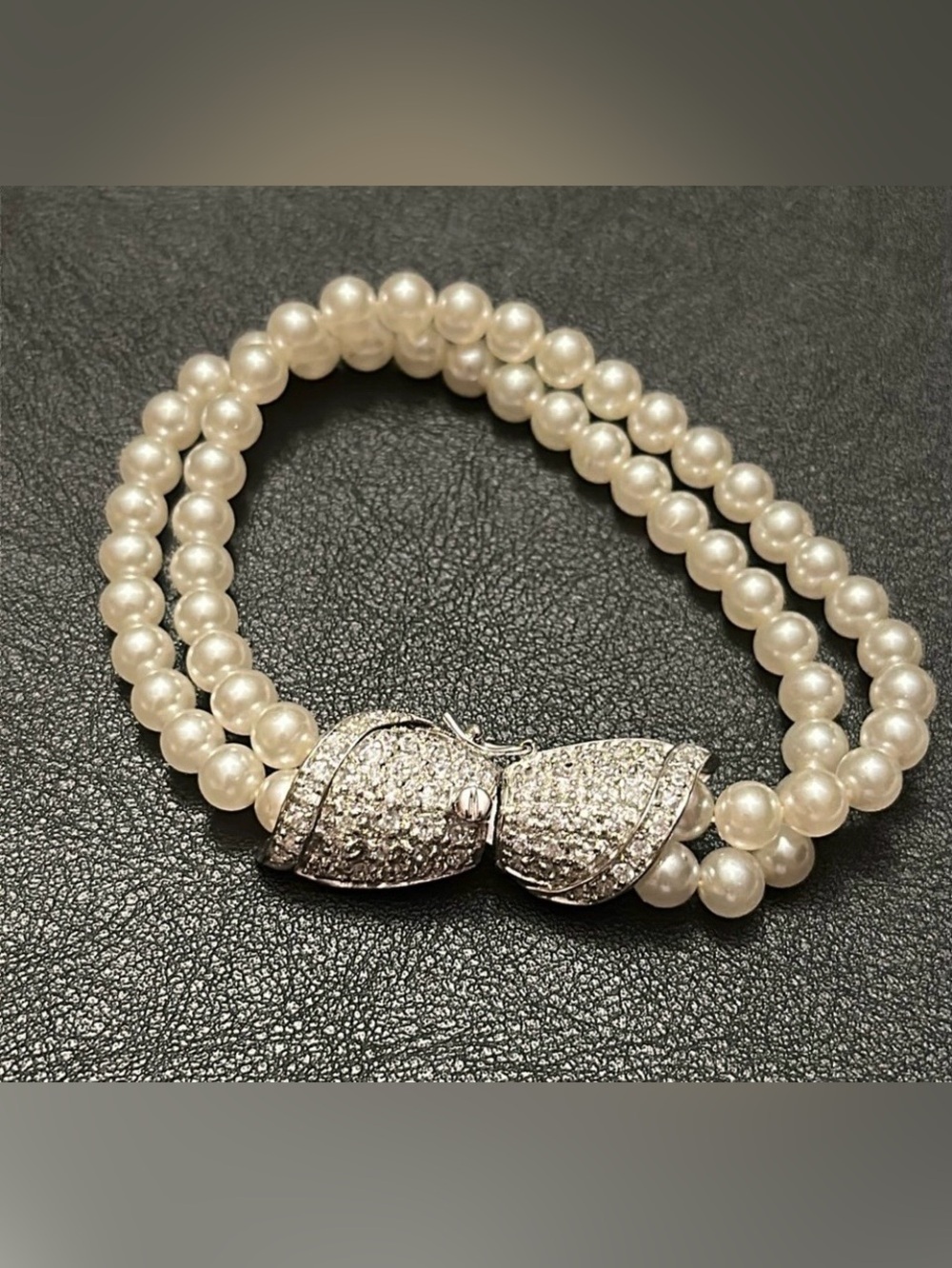 HC Double Strand Pearl Sterling Silver Box Clasp With Rhinestones VTG Bracelet